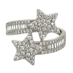 Double Star Sterling Silver Ring with Baguette & Round Moissanite